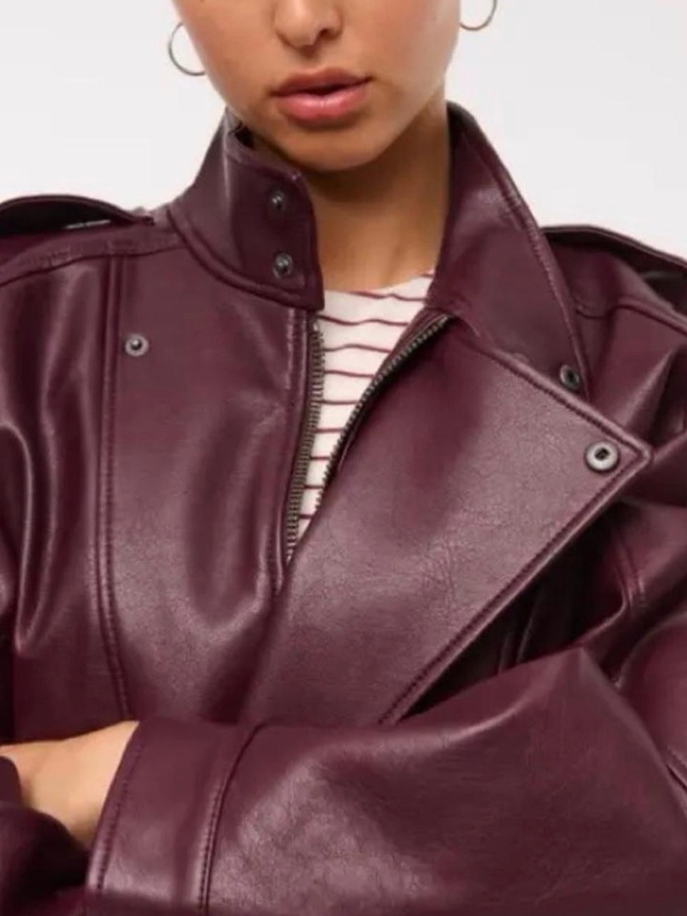 Relaxed Mockneck Vegan Leather Bomber Jacket Red Wine